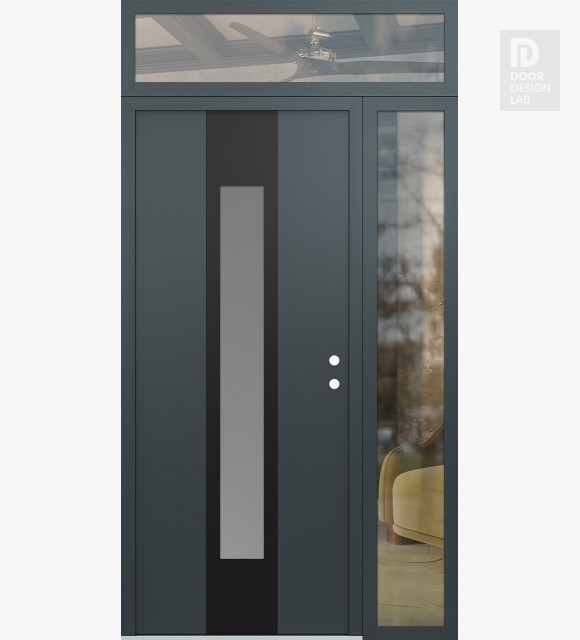 Modern Steel Front Door DIAMOND A1 50" X 96" ANTHRACITE/ANTHRACITE FROSTED GLASS PANEL BLACK LHI WITH SIDELITE AND TRANSOM CLEAR GLASS