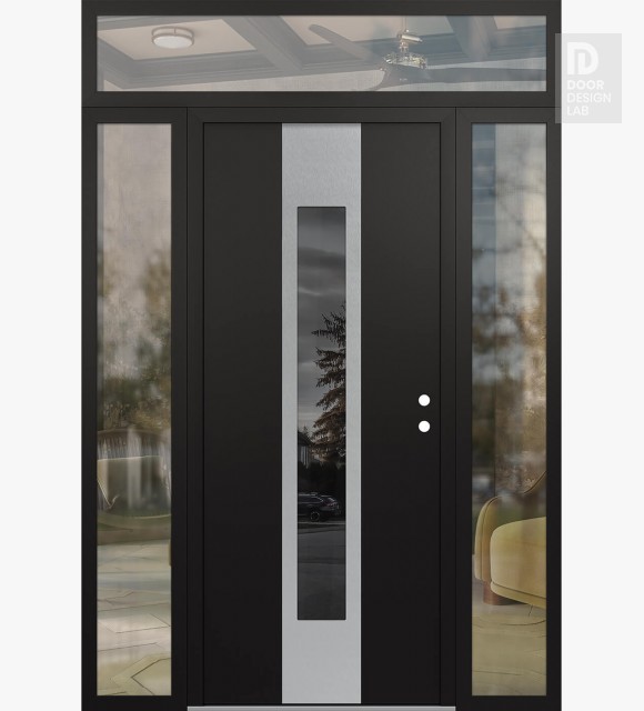 Modern Steel Front Door DIAMOND A1 68" X 96" BLACK/BLACK MIRRORED GLASS PANEL STAINLESS STEEL LHI WITH 2 SIDELITES AND TRANSOM CLEAR GLASS