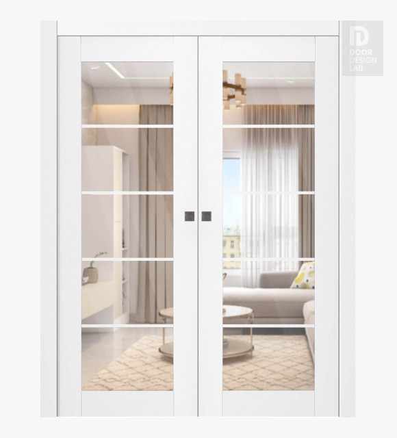 Palladio 5 Lite Clear Vetro Bianco Noble Modern Interior Double Pocket Doors by Belldinni