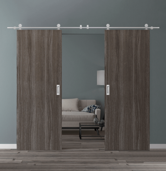 DOUBLE BARN DOOR PALLADIO GRAY OAK 64" X 80" X 1 9/16" SOLID CORE STAINLESS STEEL HARDWARE
