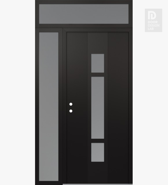 Modern Steel Front Door DIAMOND A9 52" X 96" BLACK/WHITE FROSTED GLASS PANEL BLACK RHI WITH SIDELITE AND TRANSOM FROSTED GLASS