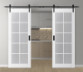 DOUBLE BARN DOOR PALLADIO 10 LITE VETRO BIANCO NOBLE 48" X 84" X 1 9/16" TEMPERED FROSTED GLASS BLACK HARDWARE
