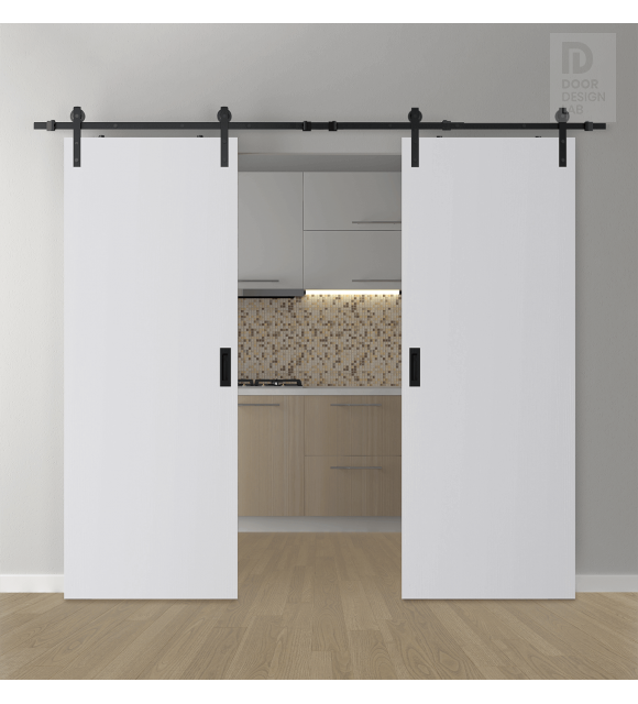 DOUBLE BARN DOOR PALLADIO BIANCO NOBLE 36" X 80" X 1 9/16" SOLID CORE BLACK HARDWARE