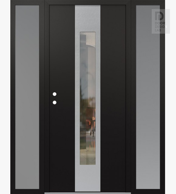 Modern Steel Front Door DIAMOND A1 68" X 80" BLACK/BLACK CLEAR GLASS PANEL STAINLESS STEEL RHI WITH 2 SIDELITES FROSTED GLASS