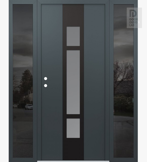 Modern Steel Front Door DIAMOND A9 60" X 80" ANTHRACITE/ANTHRACITE FROSTED GLASS PANEL BLACK RHI WITH 2 SIDELITES MIRRORED GLASS