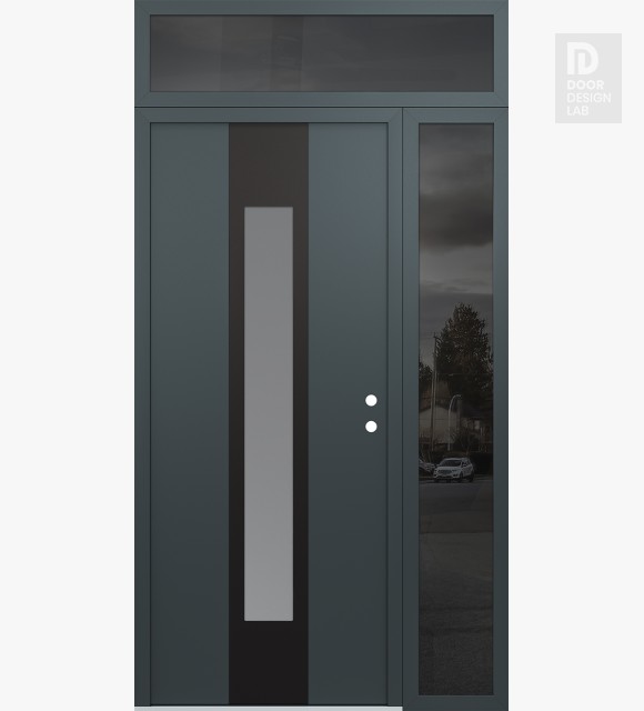 Modern Steel Front Door DIAMOND A1 52" X 96" ANTHRACITE/ANTHRACITE FROSTED GLASS PANEL BLACK LHI WITH SIDELITE AND TRANSOM MIRRORED GLASS