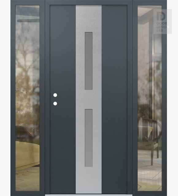 Modern Steel Front Door DIAMOND A6 64" X 80" ANTHRACITE/ANTHRACITE FROSTED GLASS PANEL STAINLESS STEEL RHI WITH 2 SIDELITES CLEAR GLASS