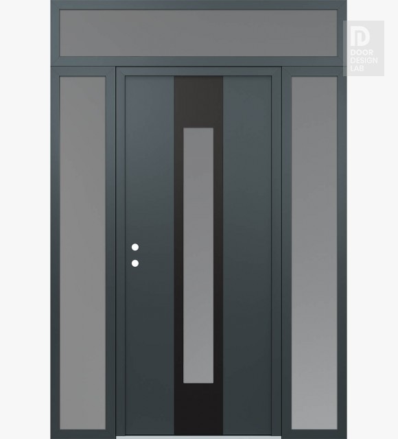 Modern Steel Front Door DIAMOND A1 60" X 96" ANTHRACITE/ANTHRACITE FROSTED GLASS PANEL BLACK RHI WITH 2 SIDELITES AND TRANSOM FROSTED GLASS