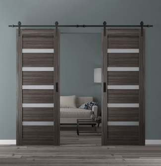 DOUBLE BARN DOOR LEORA VETRO GRAY OAK 36" X 80" X 1 9/16" BLACK HARDWARE