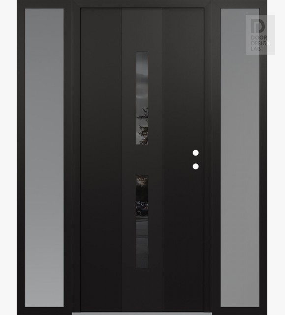 Modern Steel Front Door DIAMOND A6 64" X 80" BLACK/BLACK MIRRORED GLASS PANEL BLACK LHI WITH 2 SIDELITES FROSTED GLASS
