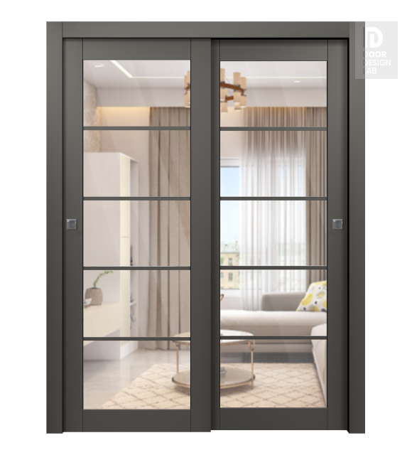 Avon 5 Lite Clear Vetro Gray Matte Modern Interior Bypass Doors by Belldinni
