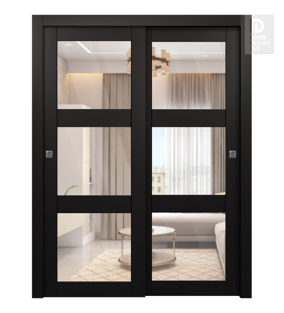 Avon 3 Lite Clear Vetro Black Matte Modern Interior Bypass Doors by Belldinni