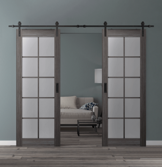 DOUBLE BARN DOOR PALLADIO 10 LITE VETRO GRAY OAK 48" X 84" X 1 9/16" TEMPERED FROSTED GLASS BLACK HARDWARE