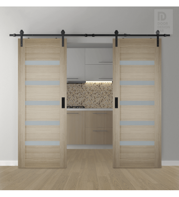 DOUBLE BARN DOOR LEORA VETRO SHAMBOR 36" X 80" X 1 3/4" BLACK HARDWARE