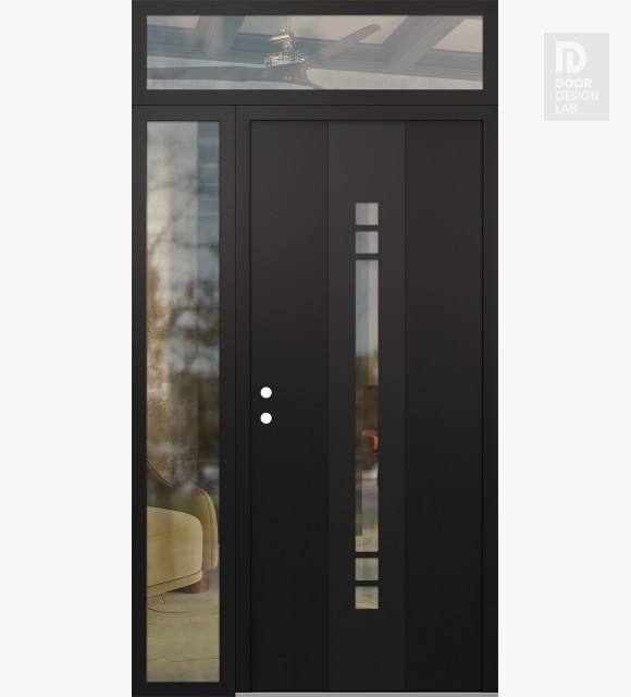 Modern Steel Front Door DIAMOND A4 52" X 96" BLACK/BLACK CLEAR GLASS PANEL BLACK RHI WITH SIDELITE AND TRANSOM CLEAR GLASS