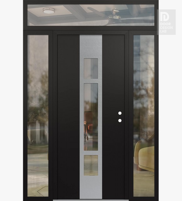 Modern Steel Front Door DIAMOND A9 68" X 96" BLACK/BLACK CLEAR GLASS PANEL STAINLESS STEEL LHI WITH 2 SIDELITES AND TRANSOM CLEAR GLASS