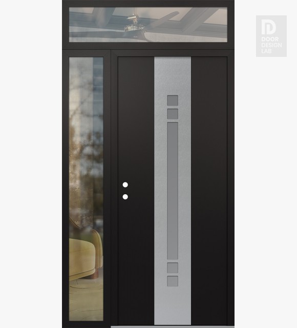Modern Steel Front Door DIAMOND A4 48" X 96" BLACK/WHITE FROSTED GLASS PANEL STAINLESS STEEL RHI WITH SIDELITE AND TRANSOM CLEAR GLASS