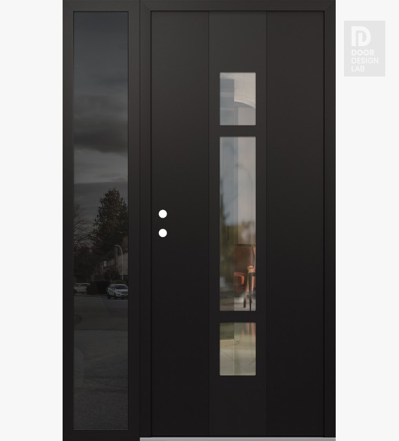 Modern Steel Front Door DIAMOND A9 52" X 80" BLACK/BLACK CLEAR GLASS PANEL BLACK RHI WITH SIDELITE MIRRORED GLASS