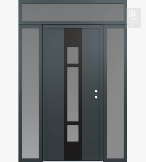 Modern Steel Front Door DIAMOND A9 64" X 96" ANTHRACITE/ANTHRACITE FROSTED GLASS PANEL BLACK LHI WITH 2 SIDELITES AND TRANSOM FROSTED GLASS