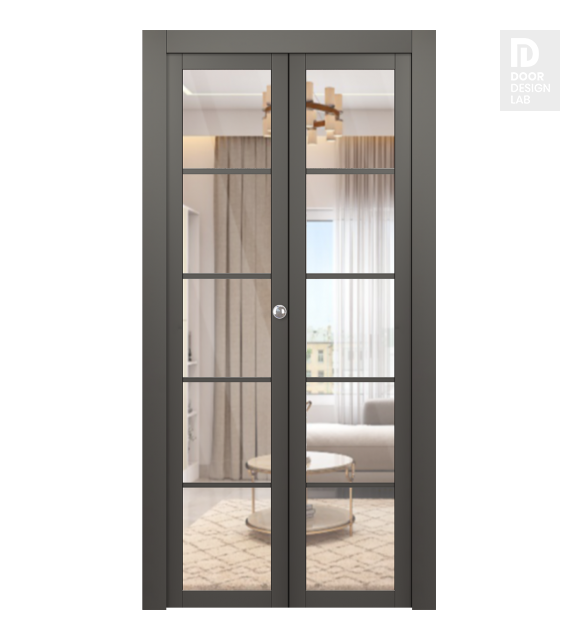 Avon 5 Lite Clear Vetro Gray Matte Modern Interior Bifold Doors by Belldinni