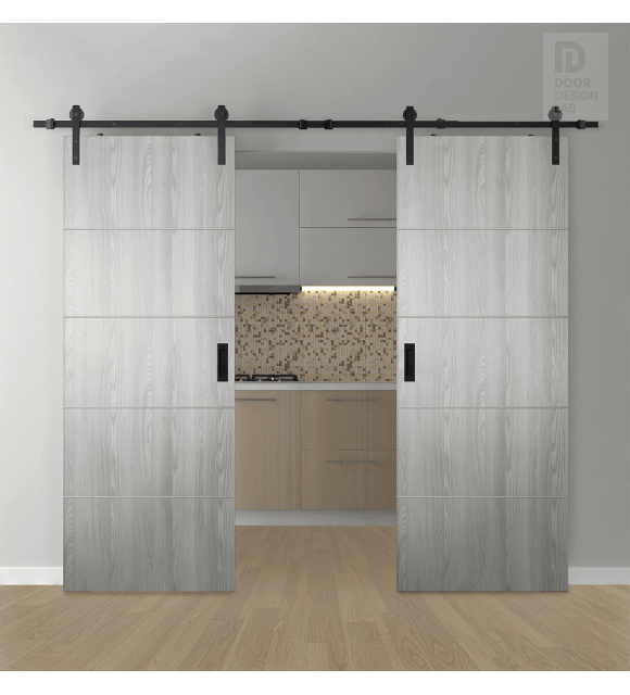 DOUBLE BARN DOOR OPTIMA 4H RIBEIRA ASH 60" X 96" X 1 3/4" SOLID CORE BLACK HARDWARE