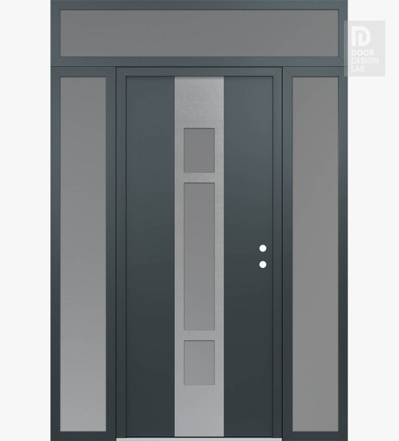 Modern Steel Front Door DIAMOND A9 68" X 96" ANTHRACITE/ANTHRACITE FROSTED GLASS PANEL STAINLESS STEEL LHI WITH 2 SIDELITES AND TRANSOM FROSTED GLASS