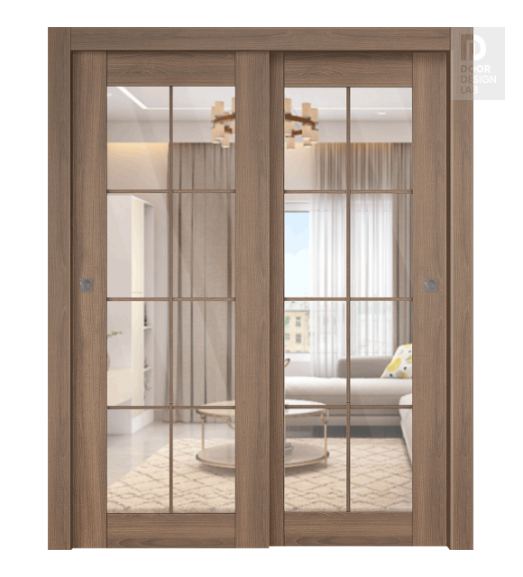 Avon 8 Lite Clear Vetro Pecan Nutwood Modern Interior Bypass Doors by Belldinni