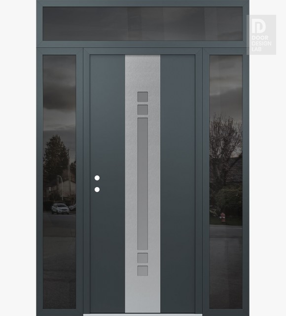 Modern Steel Front Door DIAMOND A4 64" X 96" ANTHRACITE/ANTHRACITE FROSTED GLASS PANEL STAINLESS STEEL RHI WITH 2 SIDELITES AND TRANSOM MIRRORED GLASS