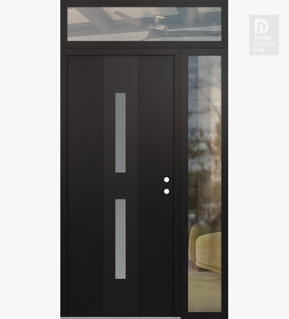 Modern Steel Front Door DIAMOND A6 52" X 96" BLACK/WHITE FROSTED GLASS PANEL BLACK LHI WITH SIDELITE AND TRANSOM CLEAR GLASS
