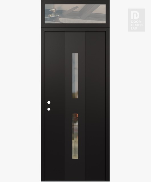 Modern Steel Front Door DIAMOND A6 36" X 96" BLACK/BLACK CLEAR GLASS PANEL BLACK RHI WITH TRANSOM CLEAR GLASS