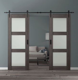 DOUBLE BARN DOOR PALLADIO 3 LITE VETRO GRAY OAK 64" X 96" X 1 9/16" TEMPERED FROSTED GLASS BLACK HARDWARE