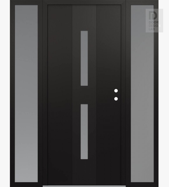 Modern Steel Front Door DIAMOND A6 68" X 80" BLACK/WHITE FROSTED GLASS PANEL BLACK LHI WITH 2 SIDELITES FROSTED GLASS