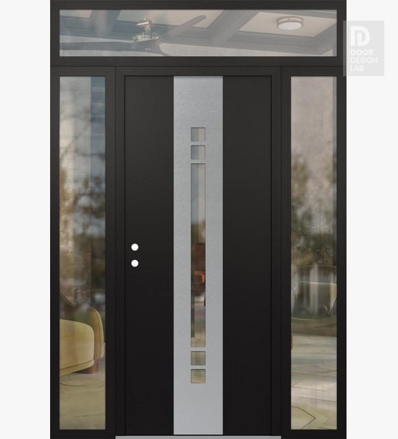 Modern Steel Front Door DIAMOND A4 60" X 96" BLACK/BLACK CLEAR GLASS PANEL STAINLESS STEEL RHI WITH 2 SIDELITES AND TRANSOM CLEAR GLASS