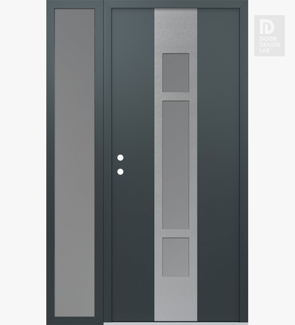 Modern Steel Front Door DIAMOND A9 52" X 80" ANTHRACITE/ANTHRACITE FROSTED GLASS PANEL STAINLESS STEEL RHI WITH SIDELITE FROSTED GLASS