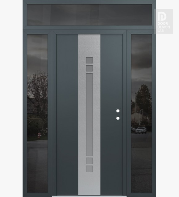 Modern Steel Front Door DIAMOND A4 68" X 96" ANTHRACITE/ANTHRACITE FROSTED GLASS PANEL STAINLESS STEEL LHI WITH 2 SIDELITES AND TRANSOM MIRRORED GLASS