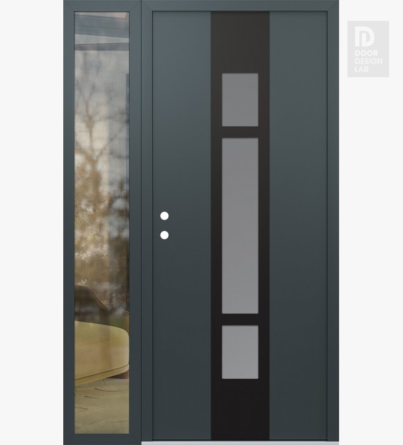 Modern Steel Front Door DIAMOND A9 48" X 80" ANTHRACITE/ANTHRACITE FROSTED GLASS PANEL BLACK RHI WITH SIDELITE CLEAR GLASS