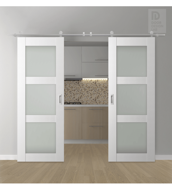 DOUBLE BARN DOOR PALLADIO 3 LITE VETRO BIANCO NOBLE 64" X 80" X 1 9/16" TEMPERED FROSTED GLASS STAINLESS STEEL HARDWARE