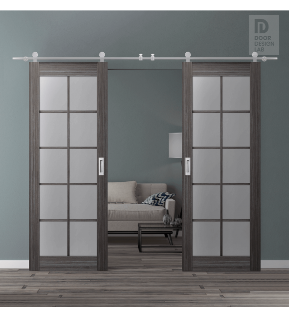 DOUBLE BARN DOOR PALLADIO 10 LITE VETRO GRAY OAK 36" X 80" X 1 9/16" TEMPERED FROSTED GLASS STAINLESS STEEL HARDWARE