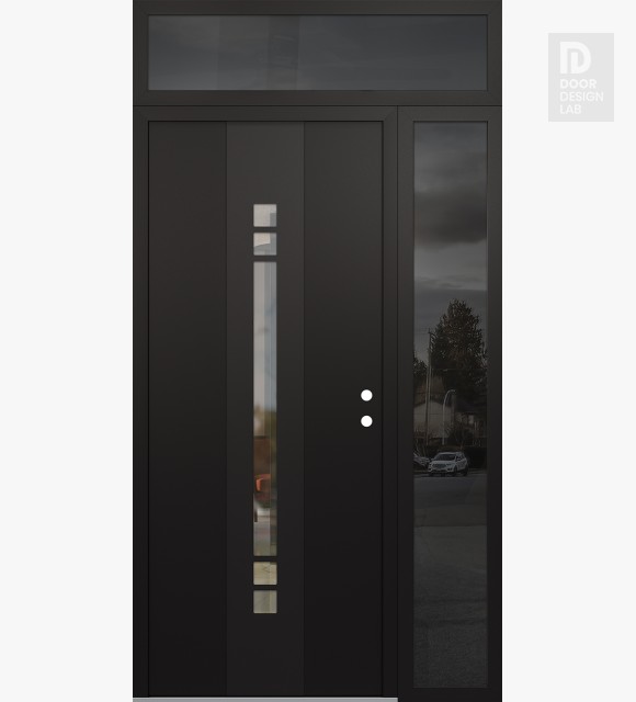 Modern Steel Front Door DIAMOND A4 50" X 96" BLACK/BLACK CLEAR GLASS PANEL BLACK LHI WITH SIDELITE AND TRANSOM MIRRORED GLASS