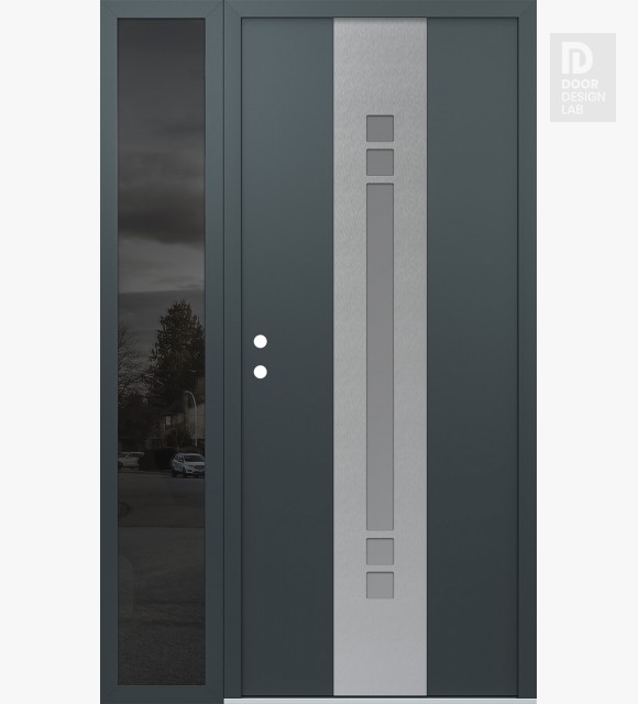 Modern Steel Front Door DIAMOND A4 48" X 80" ANTHRACITE/ANTHRACITE FROSTED GLASS PANEL STAINLESS STEEL RHI WITH SIDELITE MIRRORED GLASS