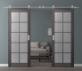 DOUBLE BARN DOOR PALLADIO 10 LITE VETRO GRAY OAK 48" X 84" X 1 9/16" TEMPERED FROSTED GLASS STAINLESS STEEL HARDWARE