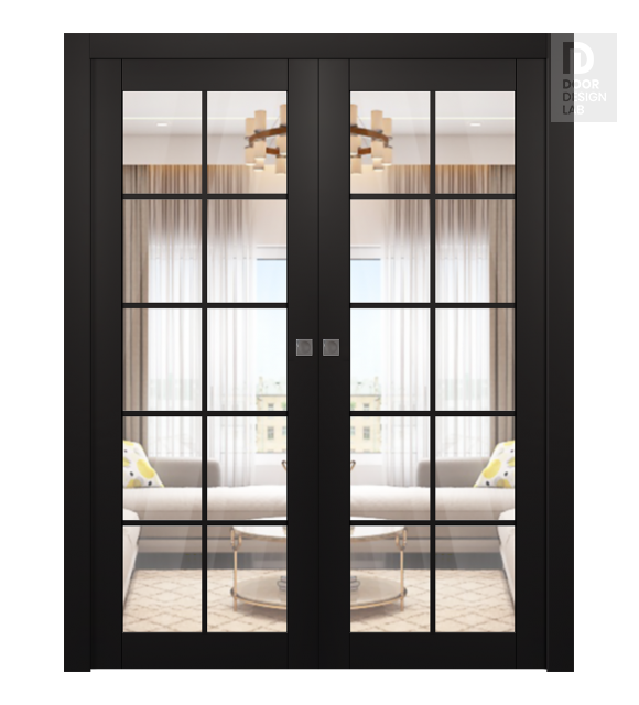 Avon 10 Lite Clear Black Matte Modern Interior Double Pocket Doors by Belldinni