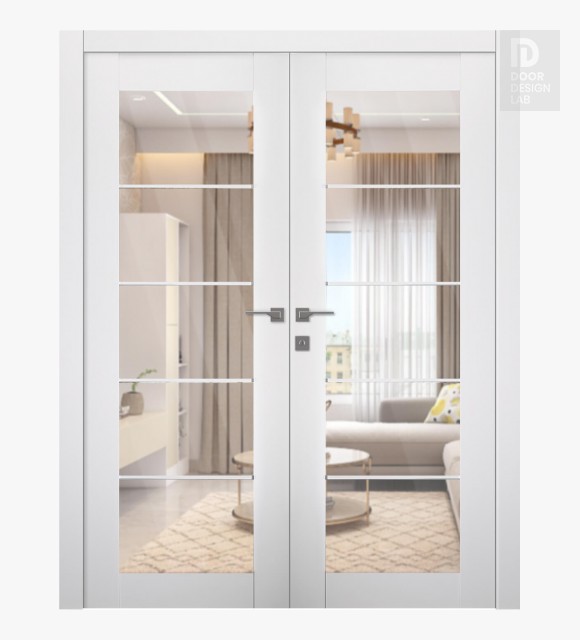 Smart Pro 5 Lite Clear Vetro Polar White Modern Interior Double Swing Doors by Belldinni
