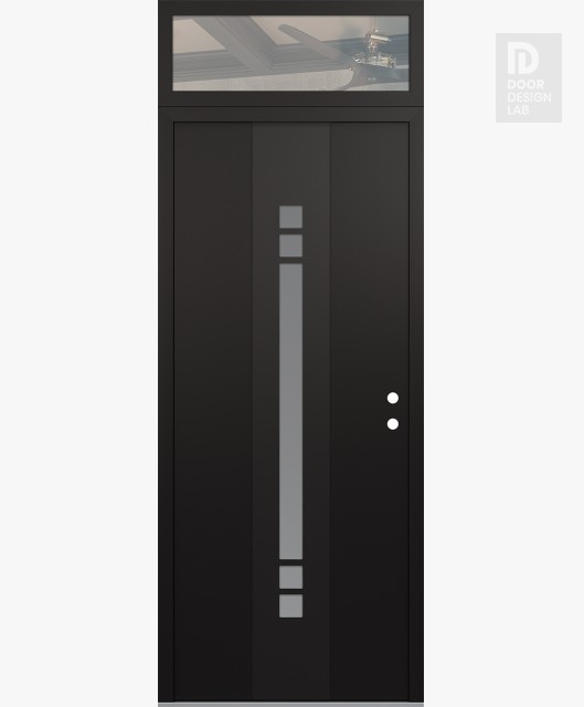 Modern Steel Front Door DIAMOND A4 36" X 96" BLACK/WHITE FROSTED GLASS PANEL BLACK LHI WITH TRANSOM CLEAR GLASS