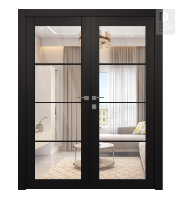 Avon 4 Lite Clear Vetro Black Matte Modern Interior Double Swing Doors by Belldinni