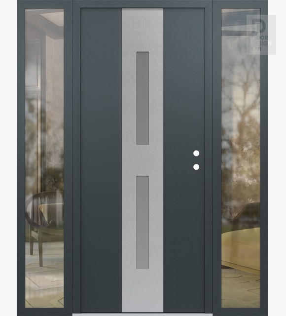Modern Steel Front Door DIAMOND A6 60" X 80" ANTHRACITE/ANTHRACITE FROSTED GLASS PANEL STAINLESS STEEL LHI WITH 2 SIDELITES CLEAR GLASS