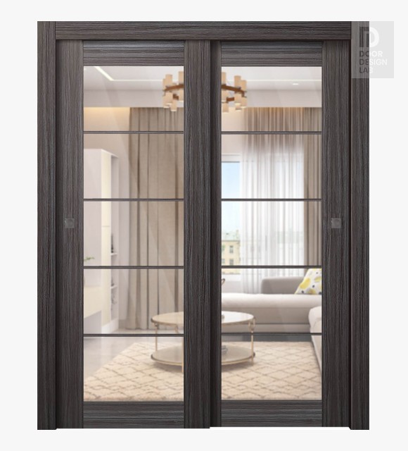 Palladio 5 Lite Clear Vetro Gray Oak Modern Interior Bypass Doors by Belldinni