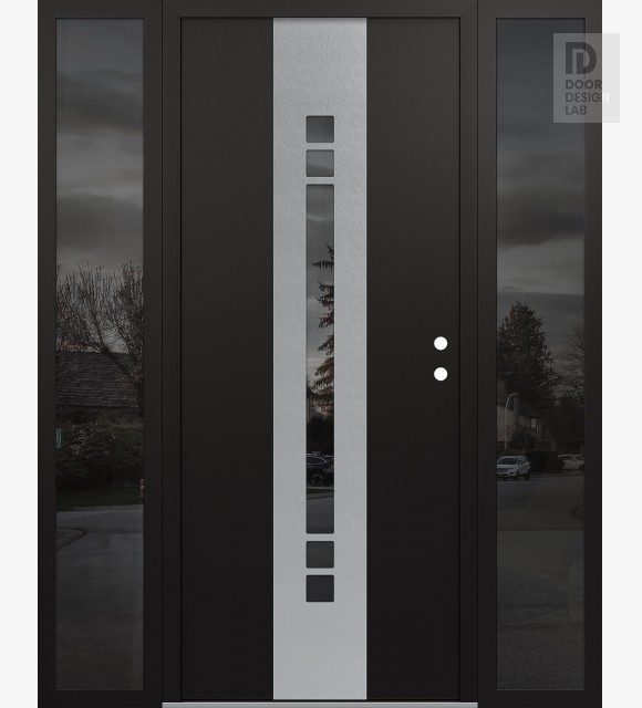Modern Steel Front Door DIAMOND A4 68" X 80" BLACK/BLACK MIRRORED GLASS PANEL STAINLESS STEEL LHI WITH 2 SIDELITES MIRRORED GLASS