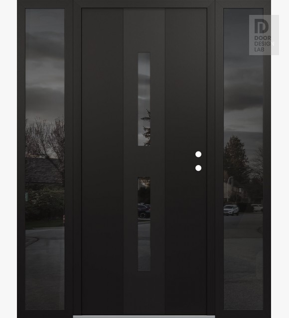 Modern Steel Front Door DIAMOND A6 68" X 80" BLACK/BLACK MIRRORED GLASS PANEL BLACK LHI WITH 2 SIDELITES MIRRORED GLASS