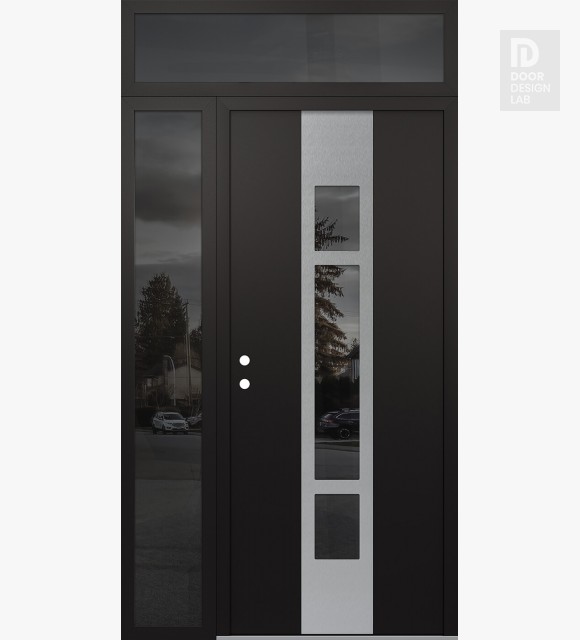 Modern Steel Front Door DIAMOND A9 48" X 96" BLACK/BLACK MIRRORED GLASS PANEL STAINLESS STEEL RHI WITH SIDELITE AND TRANSOM MIRRORED GLASS